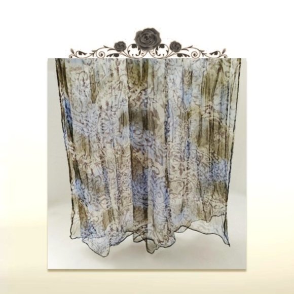 100% Silk Rectangle Long Scarf Sheer Blue Brown Floral Print Soft Lightweight - Picture 6 of 11